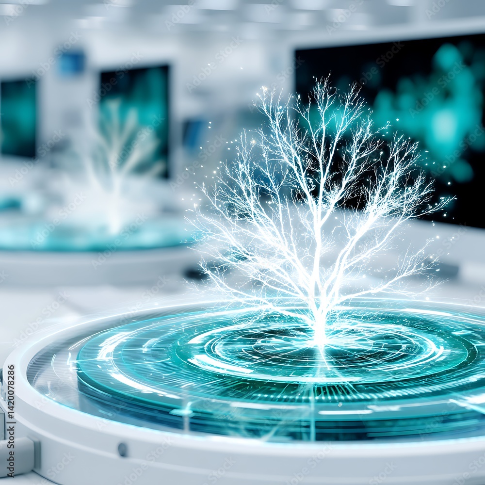 Poster digital tree growth on advanced technological platform in futuristic environment.
