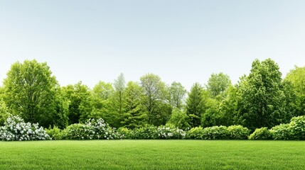 Lush Green Field Surrounded by Tall Trees and Vibrant Bushes in Nature