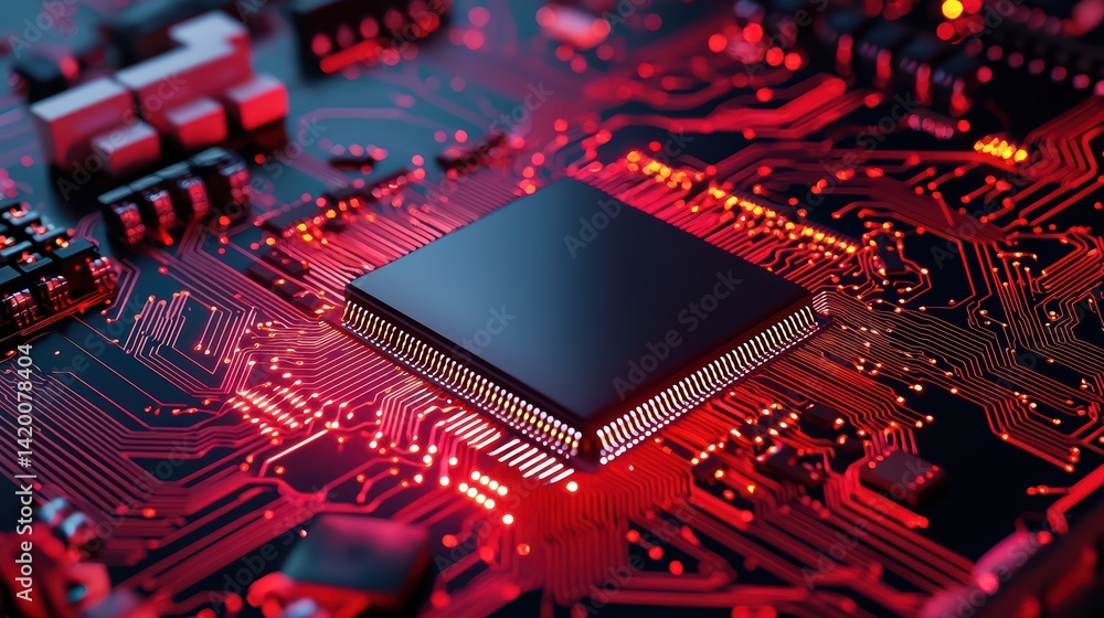 Poster close-up view of microchip on circuit board with neon lights