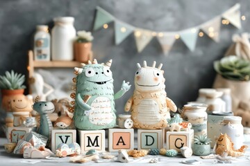 Fototapeta premium Adorable Monster Friends with Alphabet Blocks and