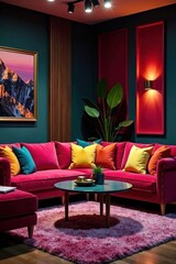 Chic living room talk show set Plush sofas, vibrant cushions, pro mics , home studio, visual