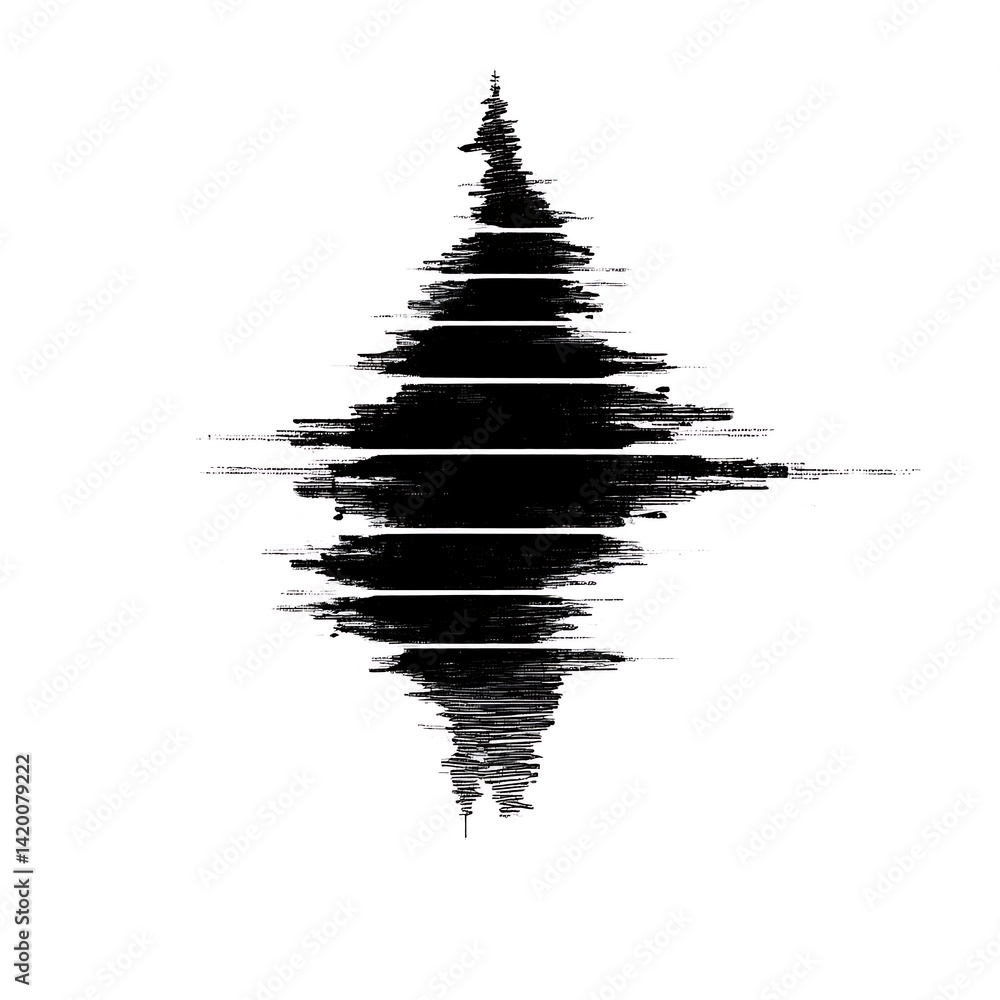 Poster distorted fractal tree silhouette with abstract soundwave pattern and rough brushstroke texture styl