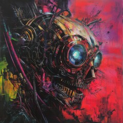 Obraz premium Futuristic Robot Head with Neon Colors and Abstract Background