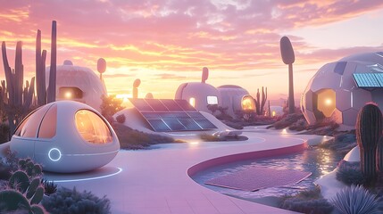 Futuristic desert village with glowing dome homes, cactus plants, solar pathways, and soft sunset lighting image