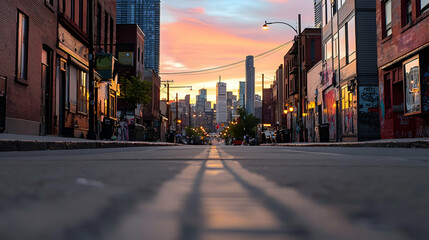 Urban Street Scene at Sunset with City Skyline