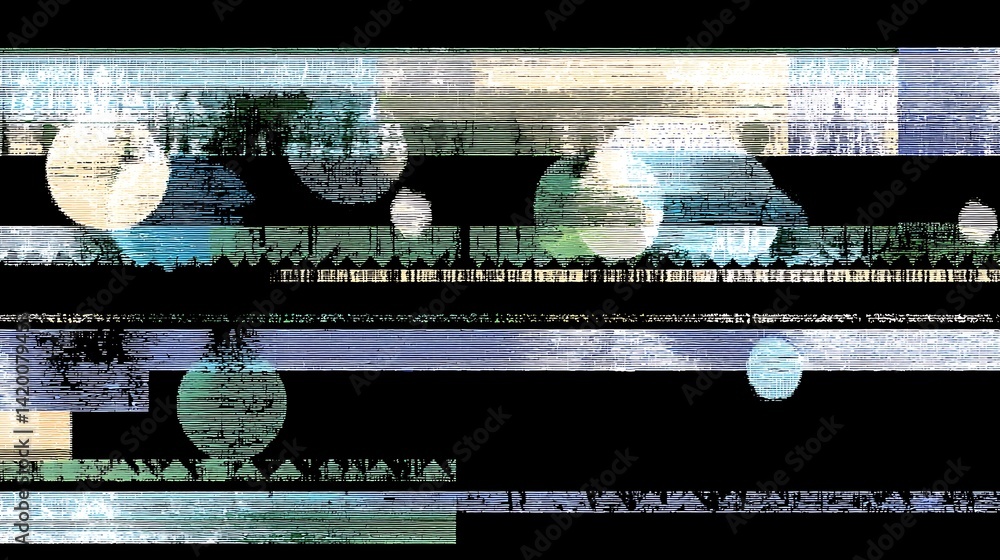 Poster distressed geometric abstract with blurred circles and horizontal lines in a dark theme palette.