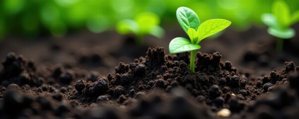 Dark biochar added to rich garden soil, close-up , environmental, earth science