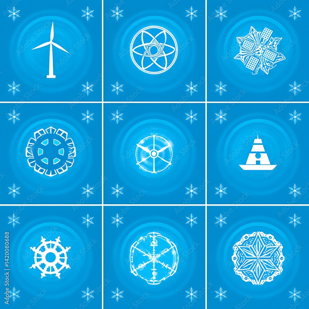 Poster diverse winter symbols on blue gradient background with snowflakes in patterned grid composition.