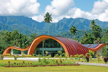 Fototapeta premium Innovative architectural design tropical mountains building structure lush landscape modern viewpoint eco-friendly concept
