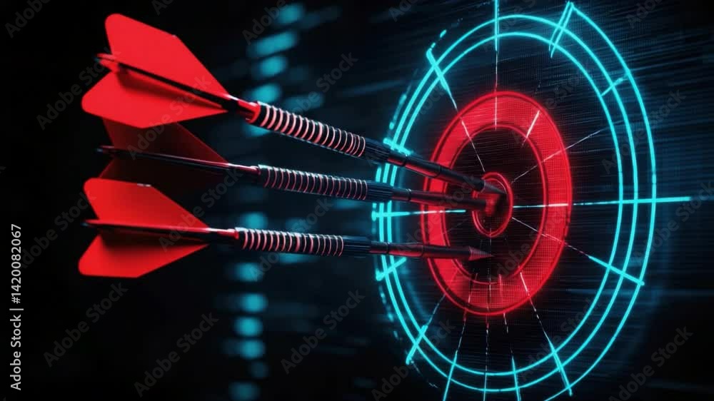 Poster close-up of digital dart hitting target with futuristic background showing precision and accuracy in