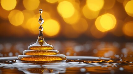 Water droplet creating ripples against a golden bokeh background