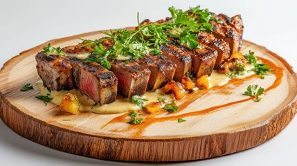 Close-up angled shot of spicy T-bone steak on an oak wooden plate