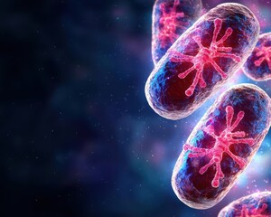 Surreal floating mitochondria in spacelike cellular environment, preparing for fission