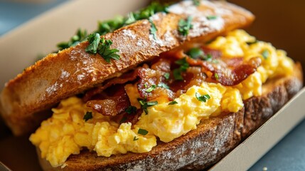 breakfast sandwich with fluffy scrambled egg and crispy bacon between toasted bread slices, served in a sandwich box
