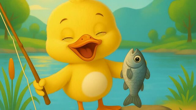 Cute cartoon duck holding fish and fishing rod by lake on sunny day