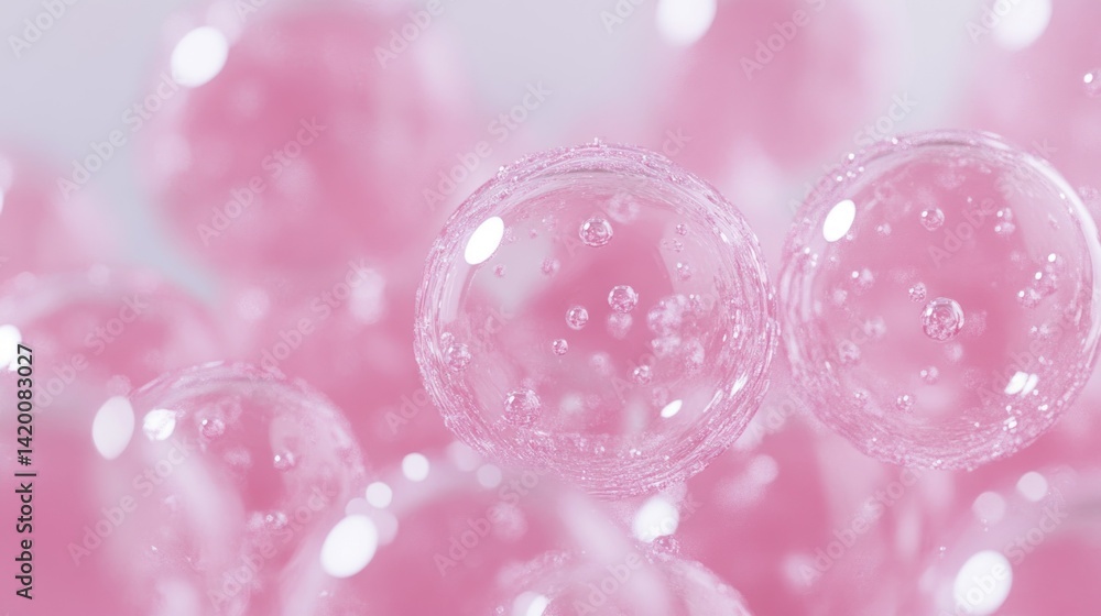 Poster beautiful transparent bubbles floating in a soft pink background color