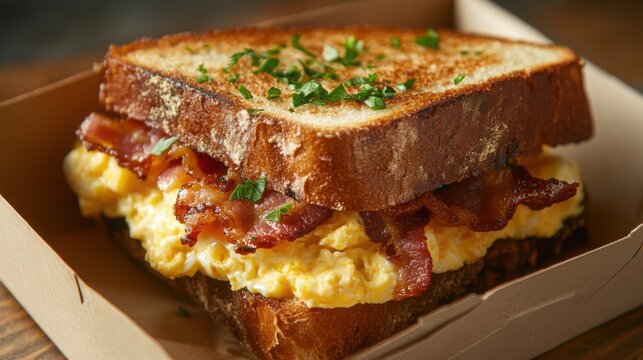breakfast sandwich with fluffy scrambled egg and crispy bacon between toasted bread slices, served in a sandwich box