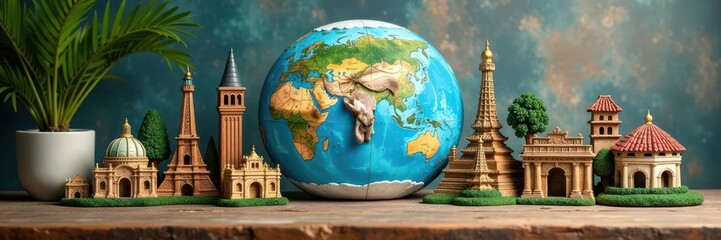 Naklejka premium Iconic world sights displayed on rustic tabletop, culture, promotional
