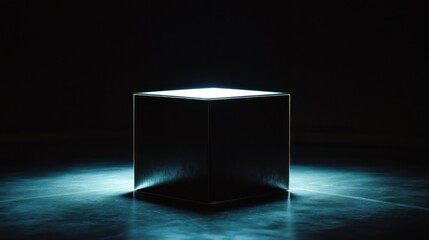 A glowing cube sits in a darkened room with soft lighting