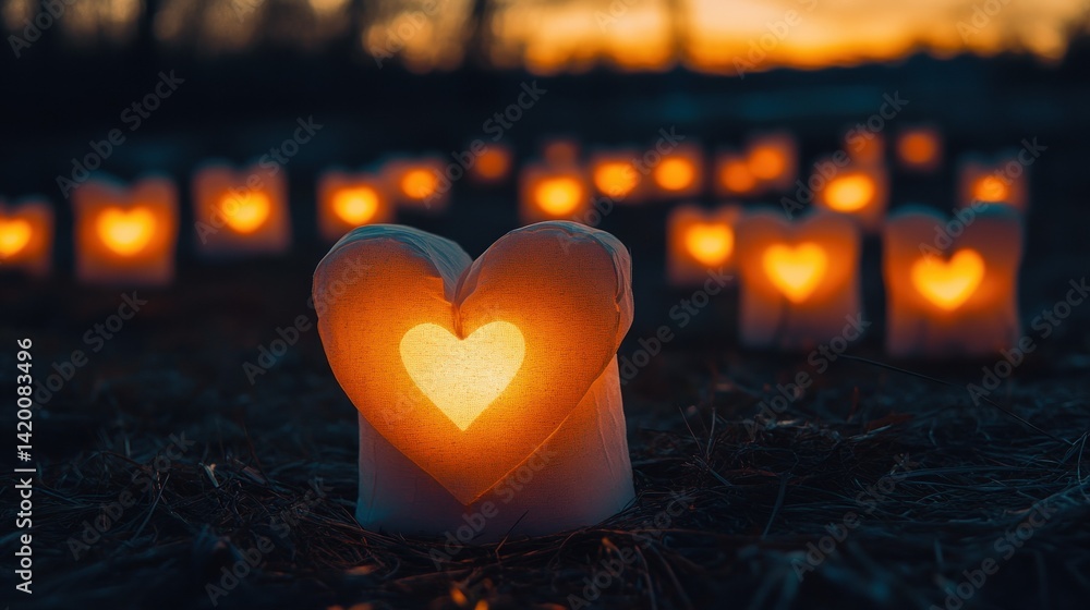 Aufkleber illuminated hearts and lanterns displayed in a low light evening setting
