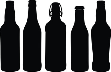 Glass Bottle Silhouette Icon Set Vector &ndash; Beer, Soda, and Vintage Beverage Bottle Shapes in Black Outline for Packaging Design, Drink Branding, Menu Icons, Craft Brewing, and Retro Bar Graphics