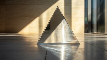 A clear glass pyramid reflecting light in an architectural interior