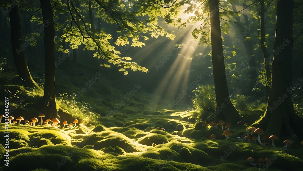 Poster sunlight streaming through forest trees illuminating moss and small mushrooms