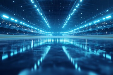 Overhead lights illuminate the surface of the ice rink, which is enclosed by barriers around its entire perimeter