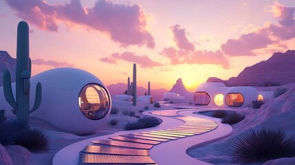 Minimalist futuristic village with solar panels, glowing homes, cactus plants, and unique desert architecture picture