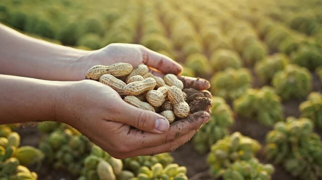 Hands holding peanuts harvested from a field