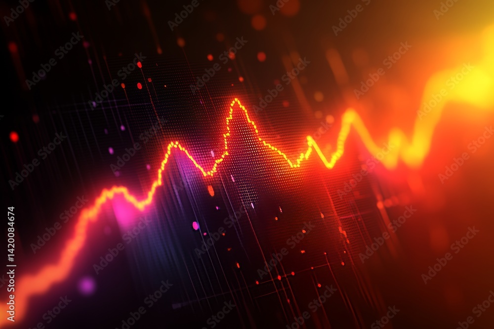 Poster a stock market chart with red and yellow lines is displayed on a dark blue background screen in clos