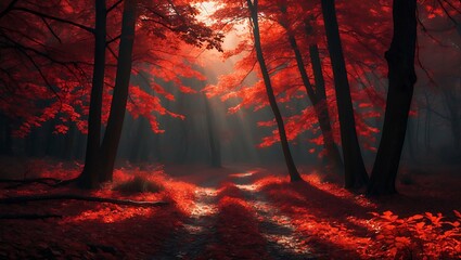 Walking Path through Autumn Forest with Red Leaves and Sun Rays
