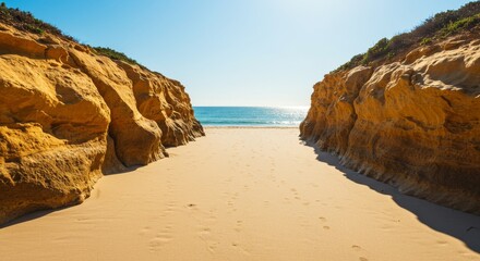 Golden Rocks Beach Pathway - Serene beach pathway between golden cliffs, symbolizing journey, tranquility, escape, nature, and summer