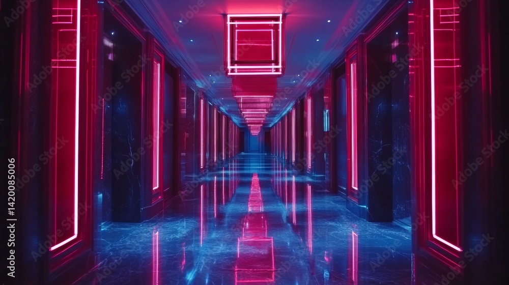 Aufkleber a red neon square tunnel is characterized by its reflective floor and a point in the distance where 