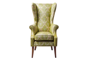 Elegant wingback chair with green floral pattern upholstery against a white background