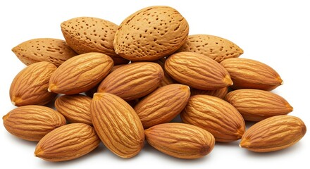 Pile of Almonds Isolated on White Background - A photograph showcasing a heap of almonds, symbolizing health, nutrition, nature's goodness, wholesome snack, and deliciousness