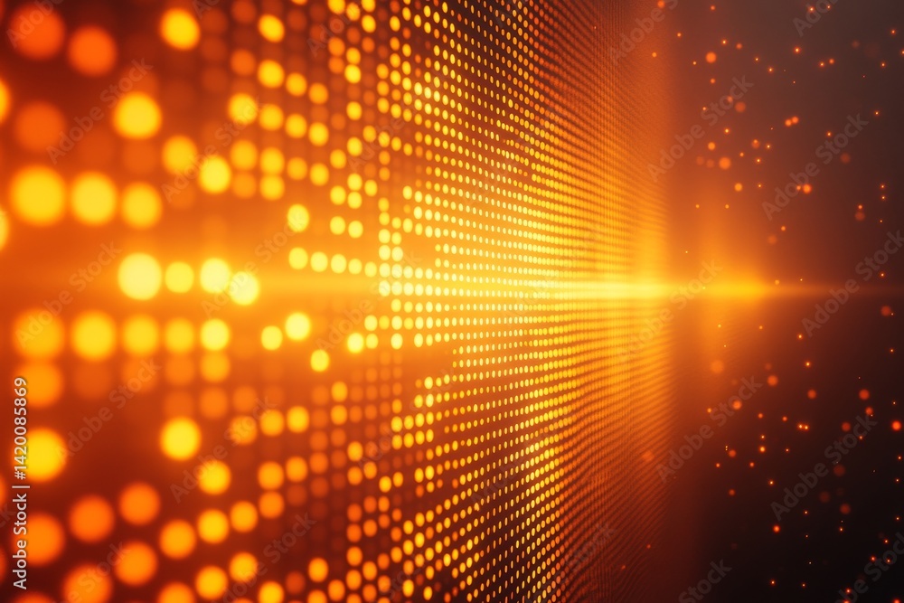 Poster an array of orange leds is captured up close, producing a tunnel effect against a softly glowing bac