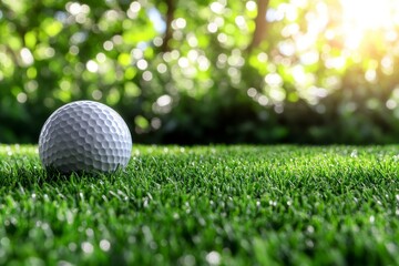 Obraz premium A sunny day provides the perfect backdrop for a golf ball positioned on a lush green golf course with blurred figures in the distance