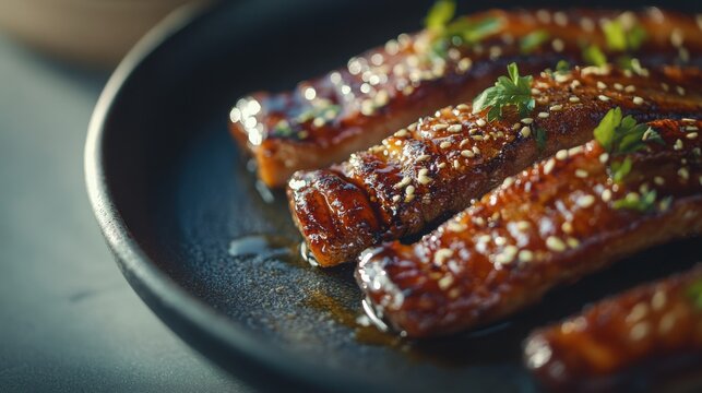 unagi kabayaki with glossy soy glaze, served on a minimalist ceramic plate