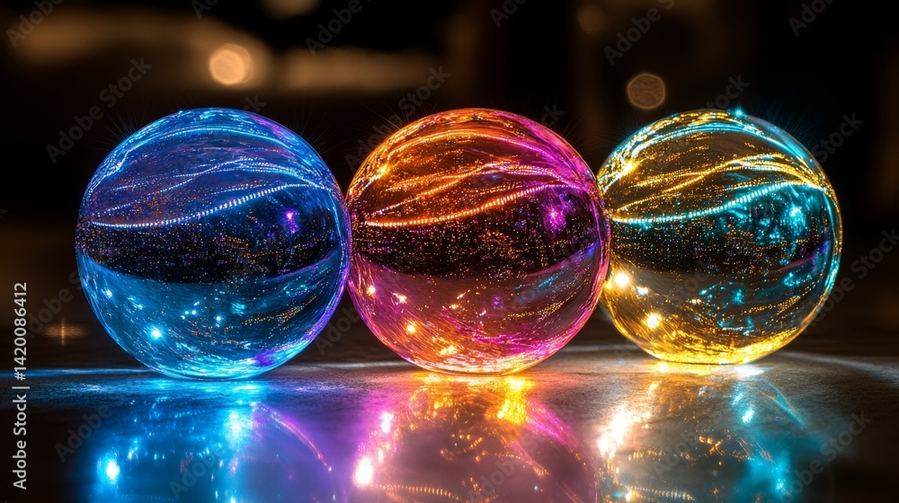 Poster a reflective surface and black backdrop feature three luminous torus shapes with vibrant colors