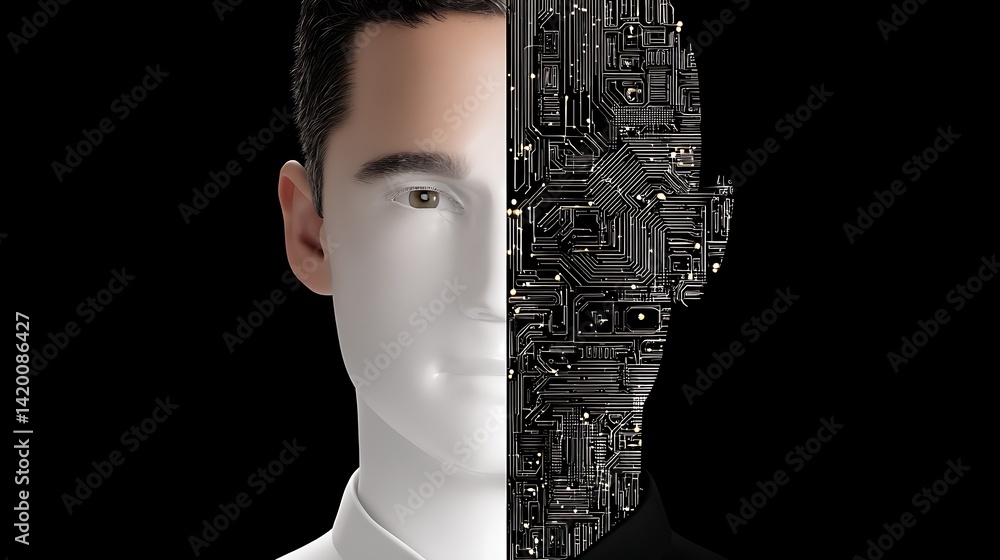 Poster duality of artificial intelligence concept combining human and technological elements on dark backdr
