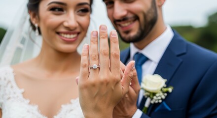 Wedding Ring Close Up - Close up shot of a bride showing off her engagement ring, groom in the background smiling