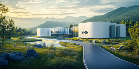 Small modular reactor (SMR) integrated into modern architecture, nuclear energy, compact reactor, reactor plant, nuclear facility, forest landscape, grassy fields