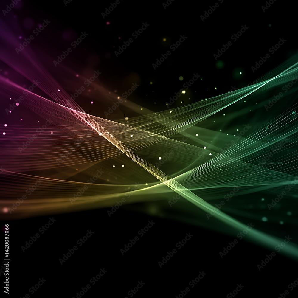 Poster dynamic flowing lines of color in abstract motion and particles of light on a black backdrop.