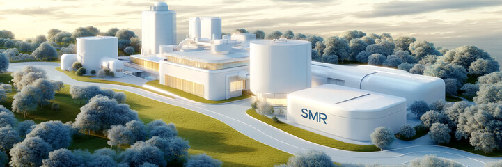 Small modular reactor (SMR) among modern architecture, nuclear energy, compact reactor, reactor plant, nuclear facility, forest landscape, grassy fields