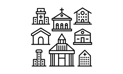 Set of Building thin line icons set. House, office, building, architecture, city, hospital, school, bank, church, hotel icon. Editable stroke. Vector on white beackground