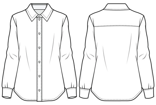 Women's Formal Shirt Blouse flat sketch fashion illustration drawing front and back view, Long sleeve formal shirt cad for girls and ladies template mock up