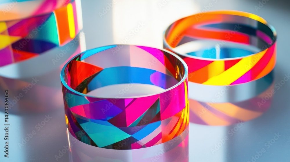 Poster three cylindrical objects displaying vibrant colorful geometric patterned designs