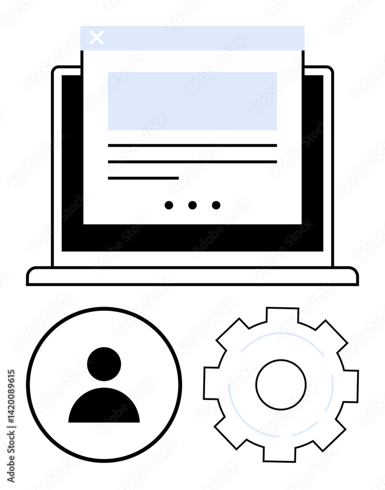 Poster open laptop displaying a webpage with user profile icon and gear. ideal for technology, user interfa