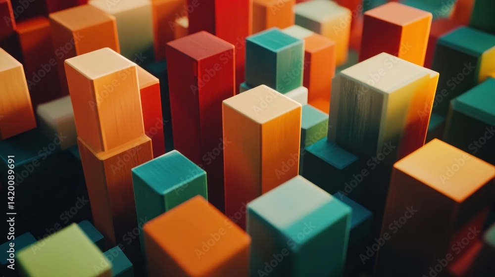Poster colorful block structures arranged in a visually appealing geometric pattern